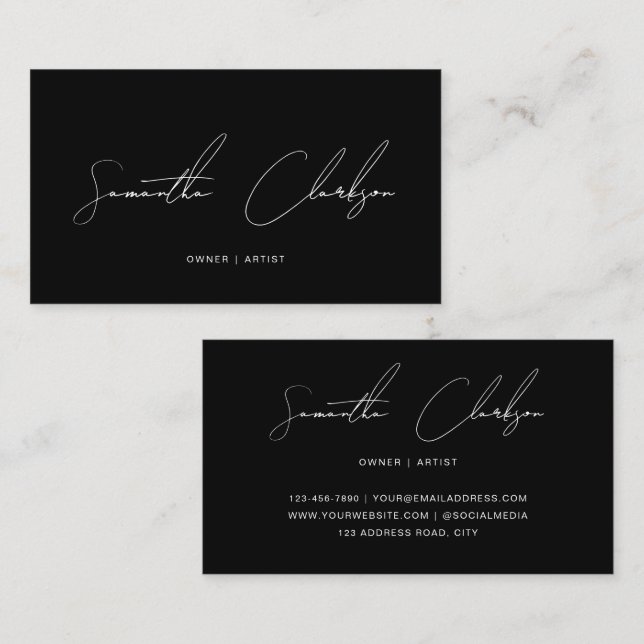 Carte De Visite Minimalist Monochrome Black Handwritten Script (Devant / Derrière)