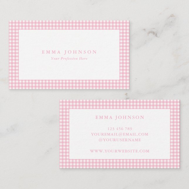 Carte De Visite Minimalist Pink Gingham Plaid (Devant / Derrière)