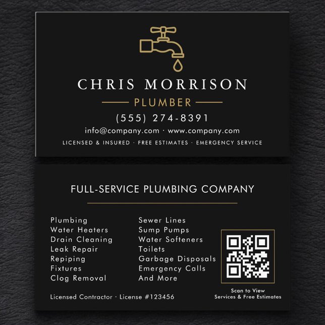 Carte De Visite Minimalist Plumber Black Gold QR Code (Créateur téléchargé)