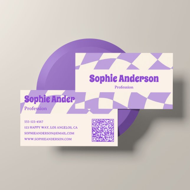 Carte De Visite Minimalist Purple Retro Wavy Pattern QR Code  (Créateur téléchargé)