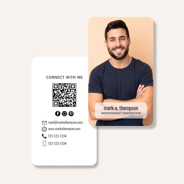Carte De Visite Minimalist QR Code Photo Connect Modern White (Minimalist white QR code business card with photo and clean modern black typography)
