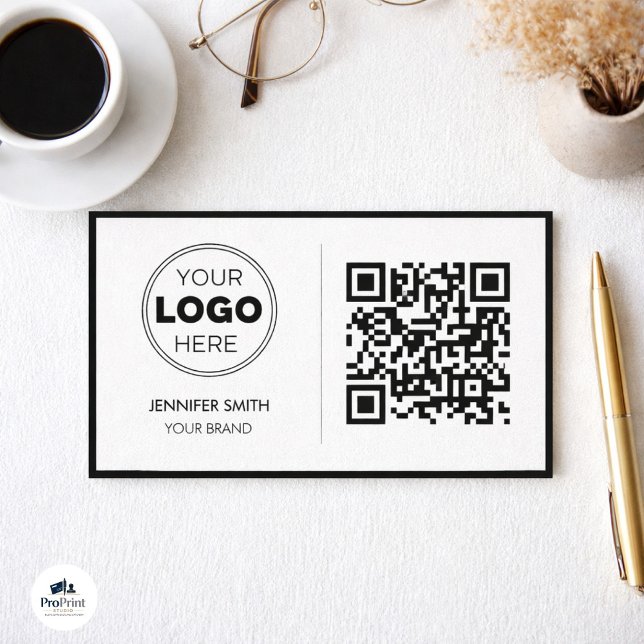 Carte De Visite Minimalist QR Code Professional Design (Modern business card on texture with logo, QR code, coffee, glasses, and gold pen.)