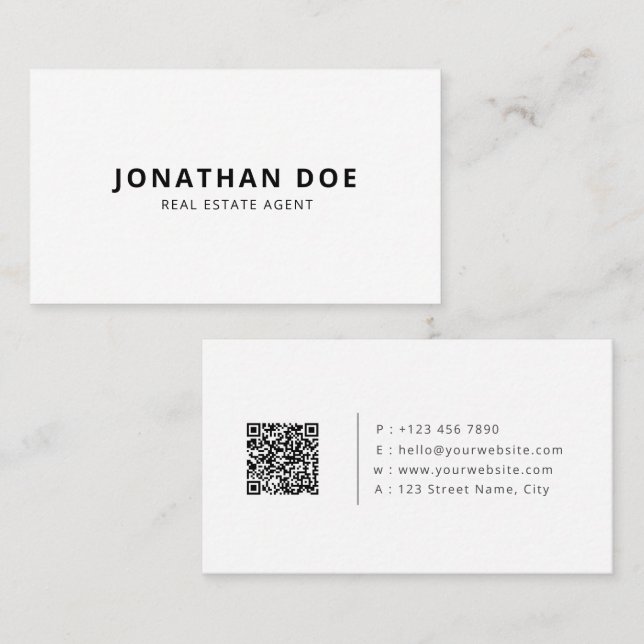 Carte De Visite Minimalist Real Estate QR Code Modern White  (Devant / Derrière)