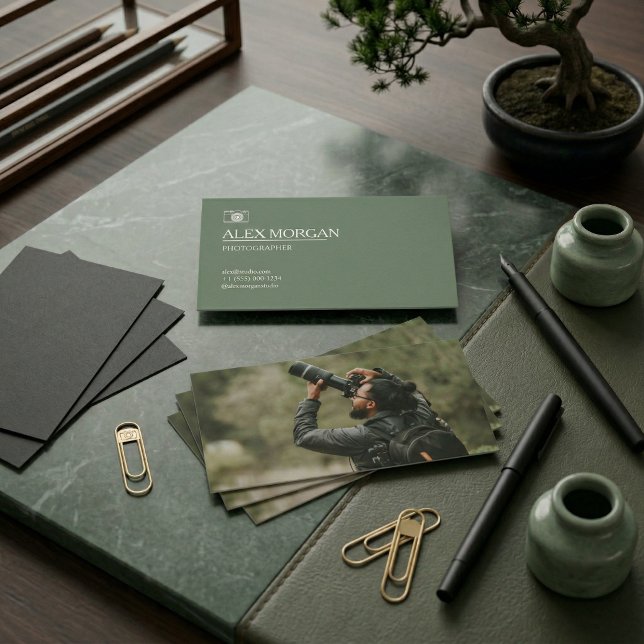 Carte De Visite Minimalist Sage Green Camera Logo Photographer   (Minimalist Sage Green Camera Logo Photographer Double-Sided)