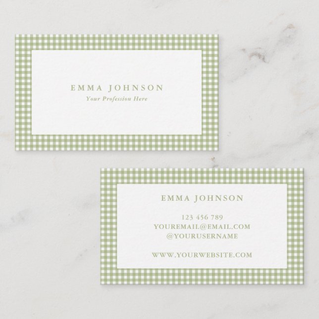 Carte De Visite Minimalist Sage Green Gingham Plaid (Devant / Derrière)