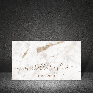 Carte De Visite Minimalist white marble  gold signature script