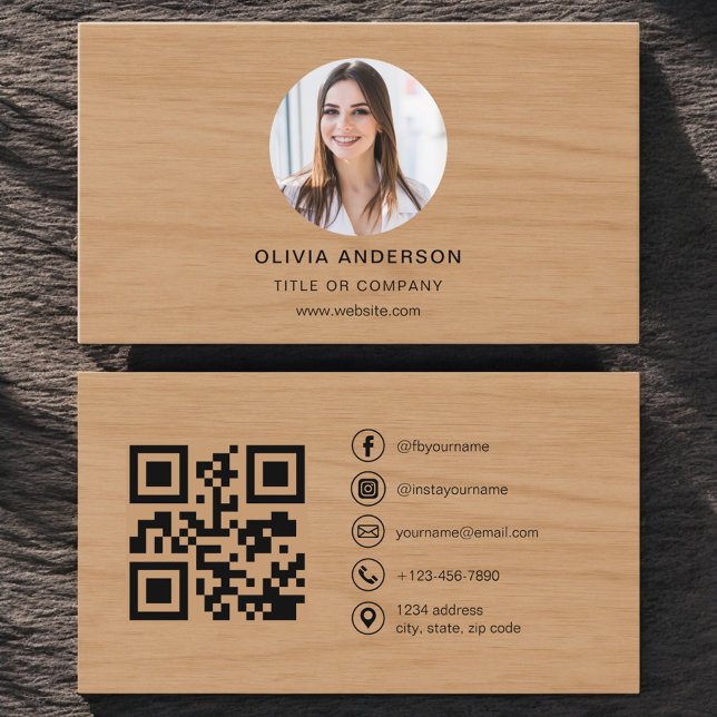 Carte De Visite Minimalist Wood Photo with QR Code Social Media (Créateur téléchargé)