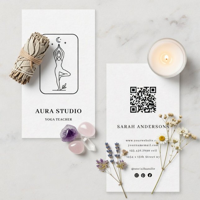 Carte De Visite Minimalist Yoga Teacher Business Card with QR Code (Créateur téléchargé)
