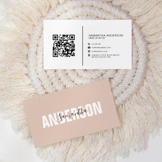 Carte De Visite Minimaliste Boho Beige Code QR Moderne