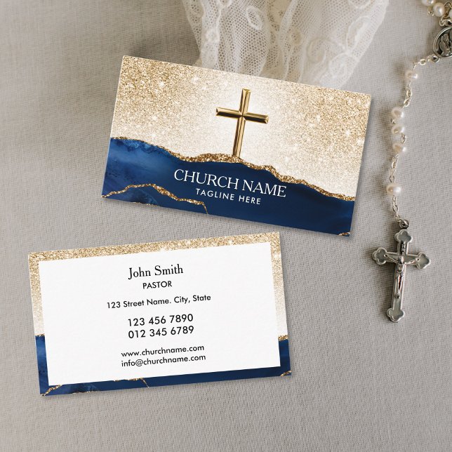 Carte De Visite Ministère Church Pastor Deacon Bishop Gold Cross (gold cross with blue agate mountains and glitter gold sky church business cards for deacon, bishop, )