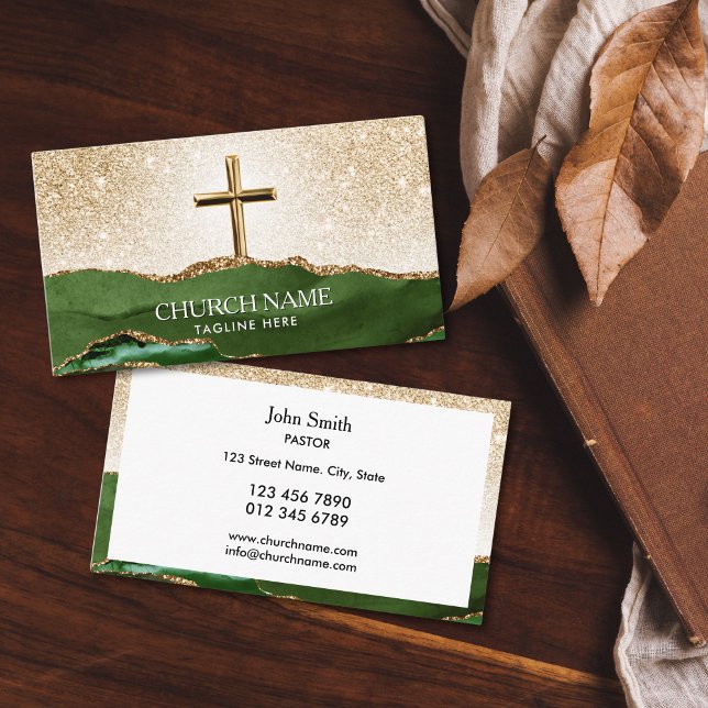 Carte De Visite Ministère Church Pastor Deacon Bishop Gold Cross (gold cross with green agate mountains and glitter gold sky church business cards for deacon, bishop)