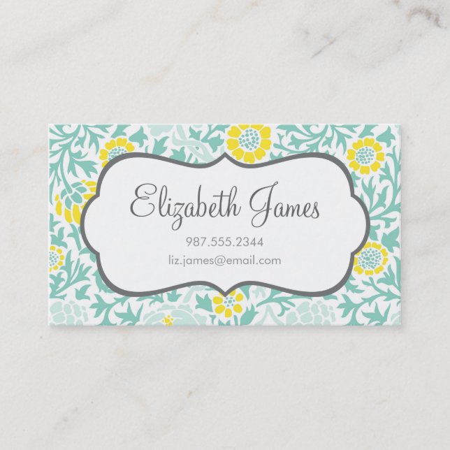 Carte De Visite Mint Aqua et Yellow Retro Floral Damask (Devant)