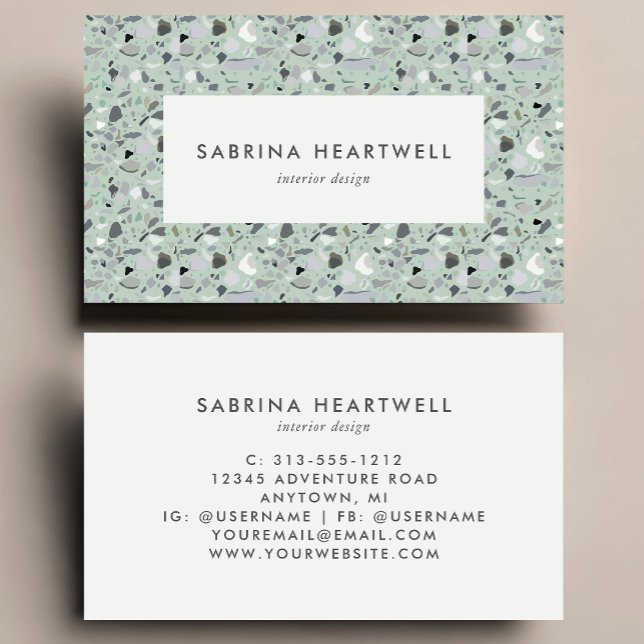 Carte De Visite Mint Green Gray Terrazzo Pattern Interior Design (Créateur téléchargé)