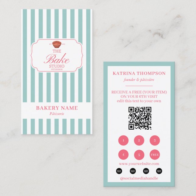 Carte De Visite Mint Green Pink Stripes Bakery Logo Loyalty Punch (Devant / Derrière)