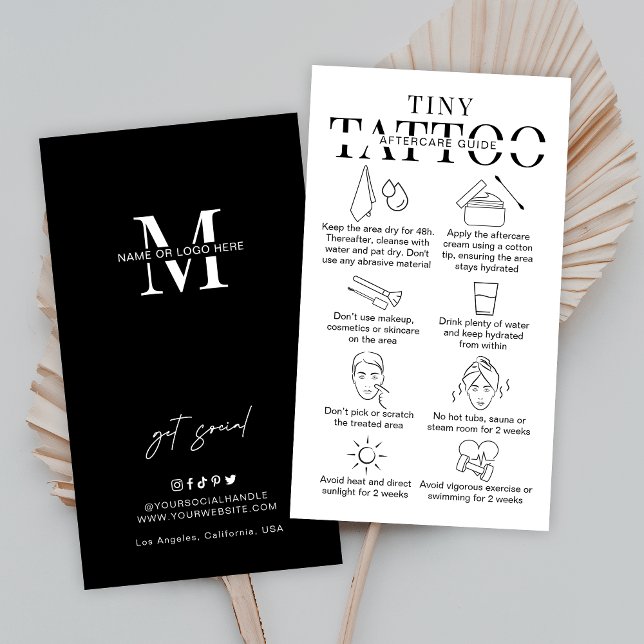 Carte De Visite Minuscule Tatouage Instructions de post-soins Logo (Minimalist tiny tattoo aftercare cards with care icons and space for your business details)