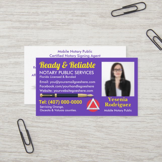 Carte De Visite Mobile Notary Public Customizable Photo Business C (Devant/Arrière en situation)