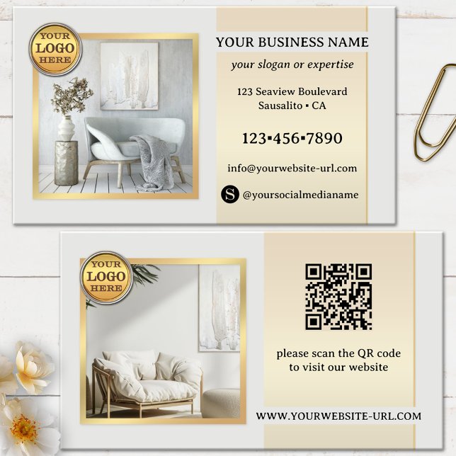 Carte De Visite Mobilier ou Design d'intérieur en or gris élégant (Business card featuring your photos on an elegant simple design in light grey and gold - home decor)