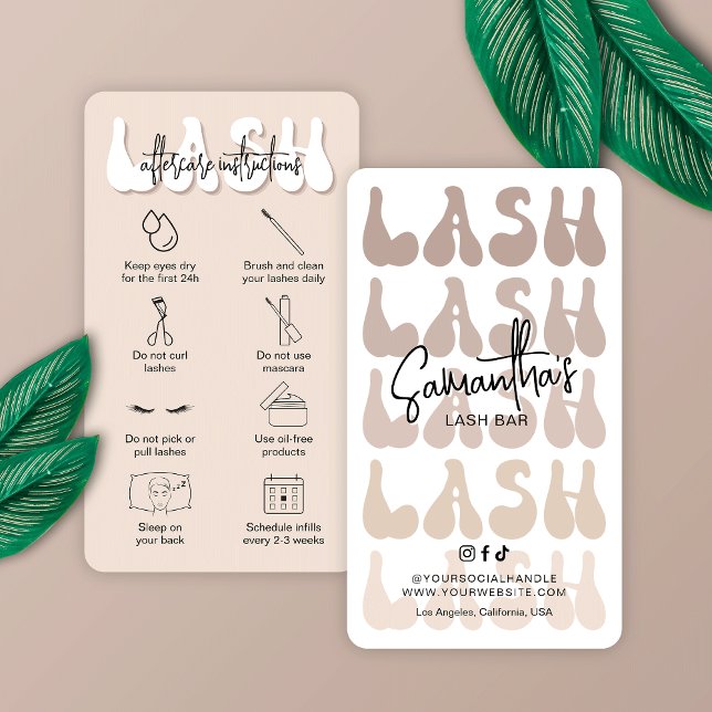 Carte De Visite Mode d'emploi Beige Lash Instructions Retro (Trendy beige and white lash extensions care cards with retro fonts and space for your salon details)