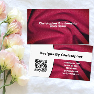 Carte De Visite Mode Designer Burgundy Fabric Texture QR Code