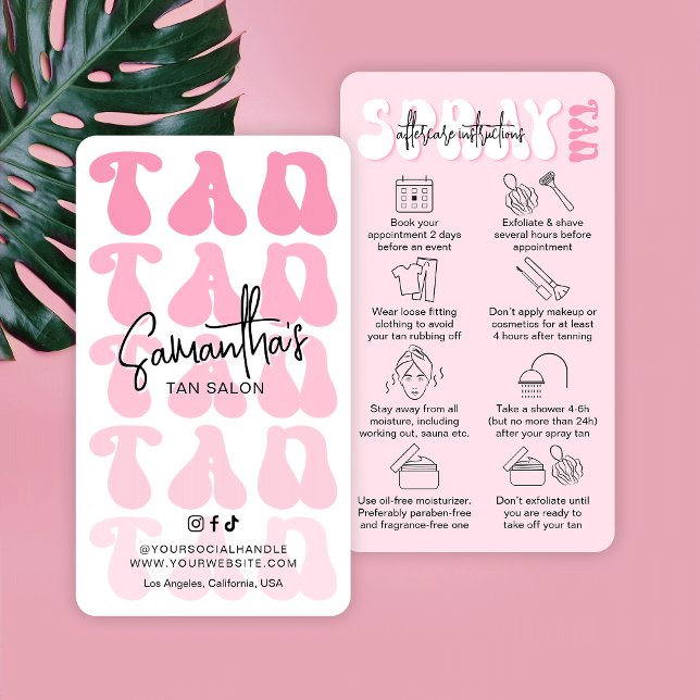 Carte De Visite Mode Retro Spray rose Tan Instructions (Embrace the retro charm with these pink aesthetic tanning salon after care cards with care icons)