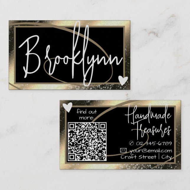 Carte De Visite Modèle de code QR Cadre doré élégant Cœur  (Devant / Derrière)