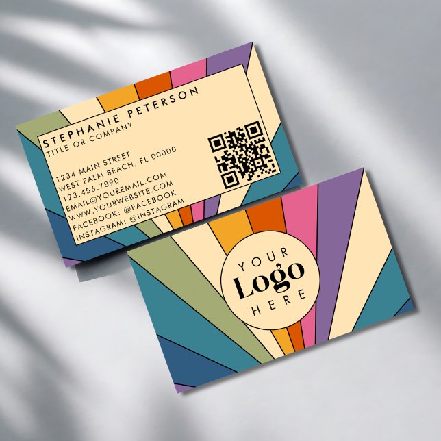 Carte De Visite Modèle de code QR de logo personnalisé Retro Rainb (Créateur téléchargé)