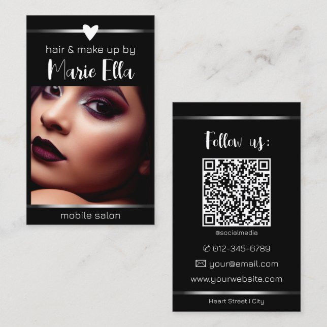 Carte De Visite Modèle de code QR photo avec lignes noires élégant (Devant / Derrière)