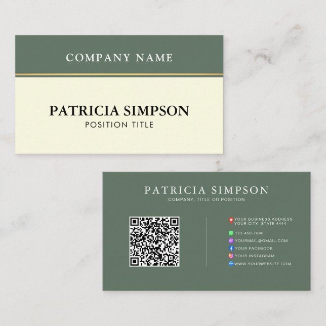 Carte De Visite Modèle de code QR vert sauge et crème beige modern (Devant / Derrière)