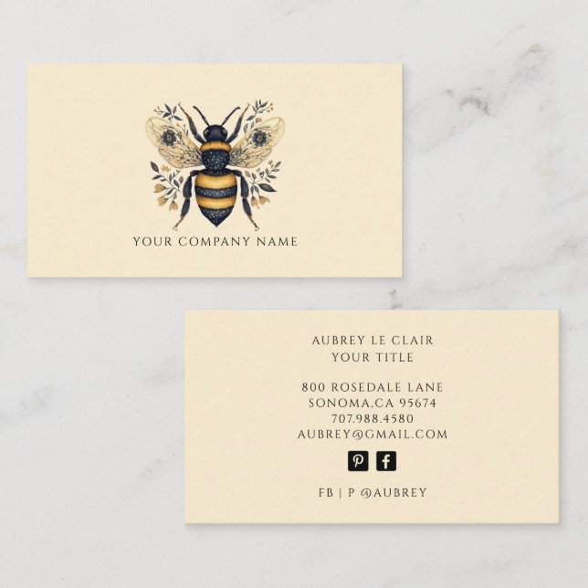 Carte De Visite Modèle de logo abeille botanique élégant (Devant / Derrière)