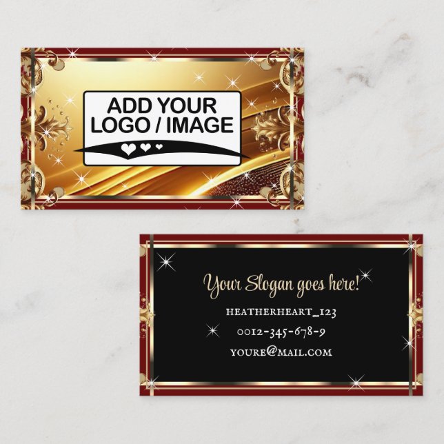Carte De Visite Modèle de logo Luxe Chic Noir Or Rouge Vin (Devant / Derrière)