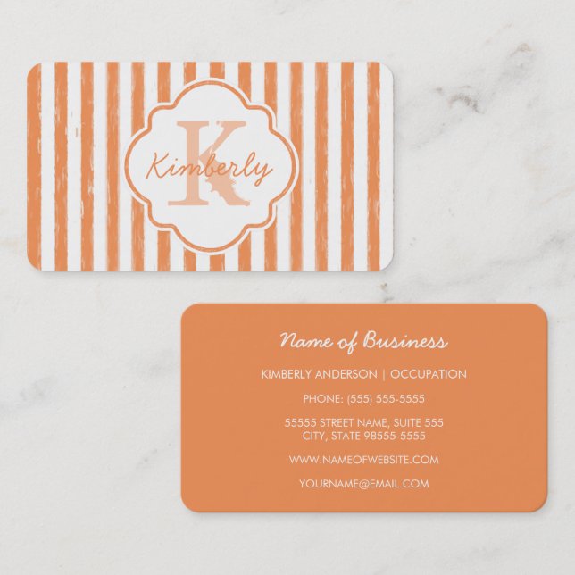 Carte De Visite Modèle de nom à monogramme à rayure orange (Devant / Derrière)