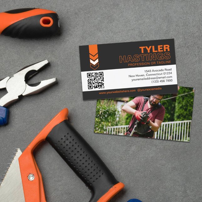 Carte De Visite Modèle de photo avec code QR et flèches orange sur (Créateur téléchargé)