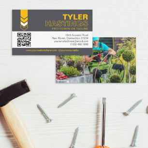Carte De Visite Modèle de photo de code QR avec flèches jaunes gri