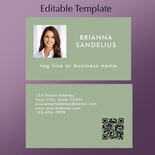 Carte De Visite Modèle de photo de code QR vert sauge moderne pers (Personalize this stylish sage green business card template. Add photo QR card and contact info.
)