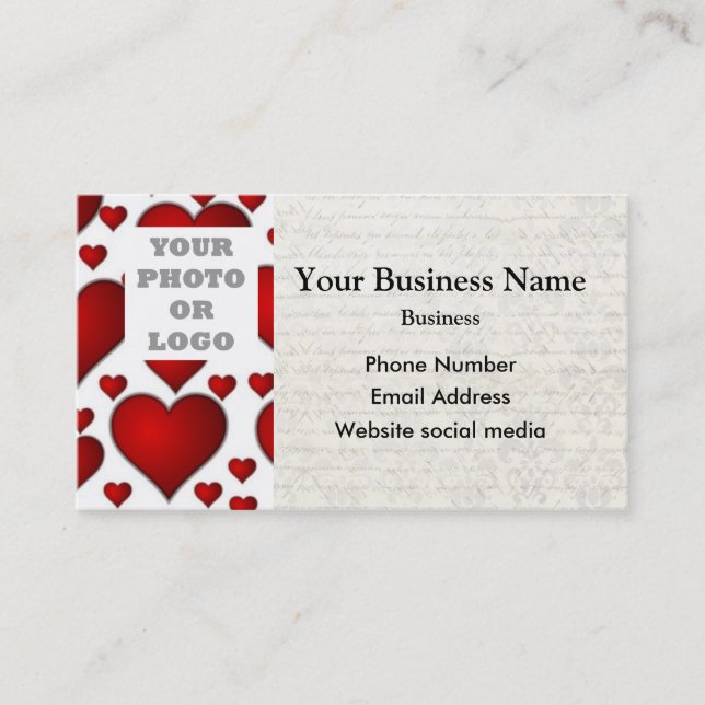 Carte De Visite Modèle photo blanc et rouge de motif de coeur (Devant)