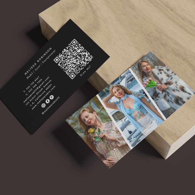 Carte De Visite Modèle Professionnel 3 Collage Photo Code QR Noir (Créateur téléchargé)