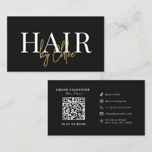Carte De Visite Modèle QR de Salon de Coiffure Luxe Noir Or