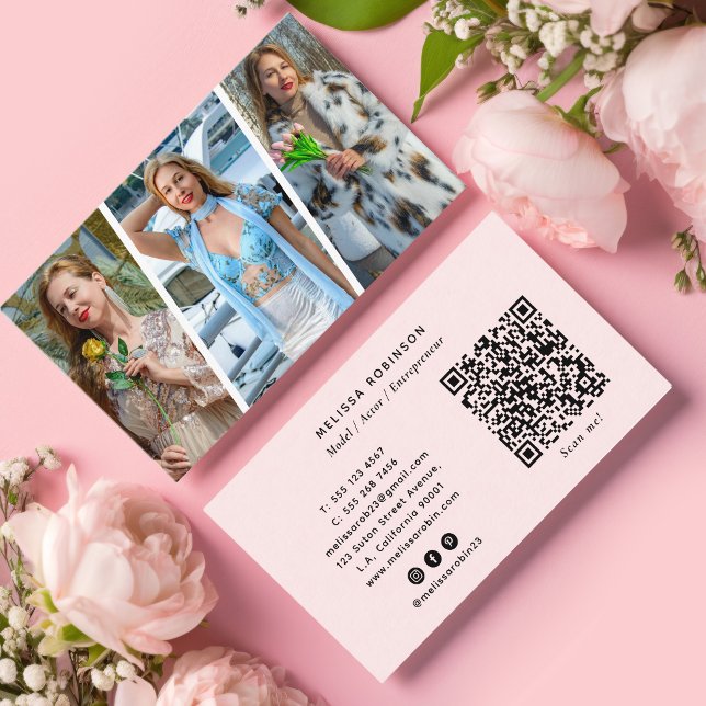 Carte De Visite Modèle Réseaux Sociaux, Code QR & Collage de 3 Pho (Créateur téléchargé)