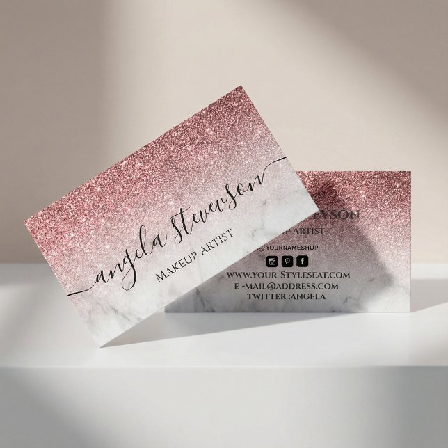 Carte De Visite modern and elegant rose gold glitter marble  (#glitterrosegold #scriptcalligraphy #marblebackground #rosegold #makeupartist #chick #hairstyle)