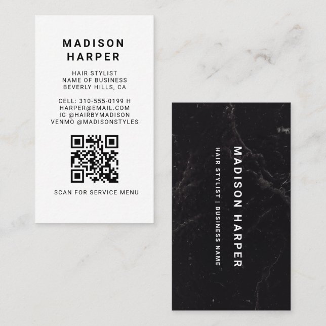 Carte De Visite Modern Black and White Marble QR Code Business (Devant / Derrière)