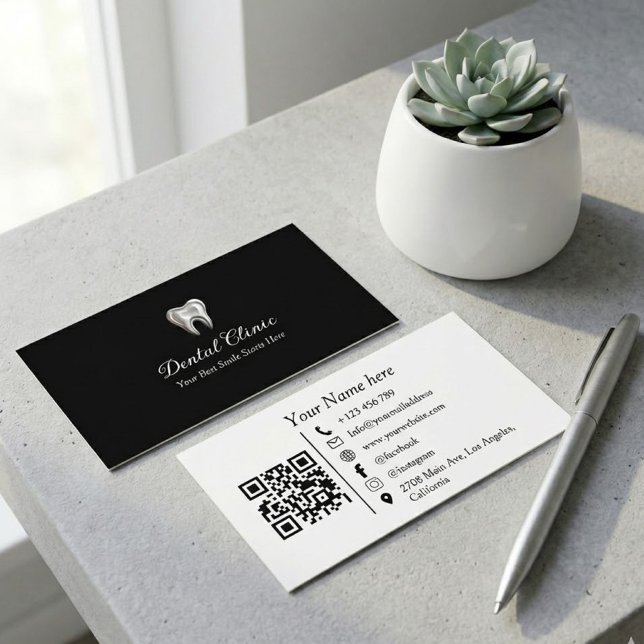 Carte De Visite Modern Black Dental Clinic Logo QR Code Dentist (Créateur téléchargé)
