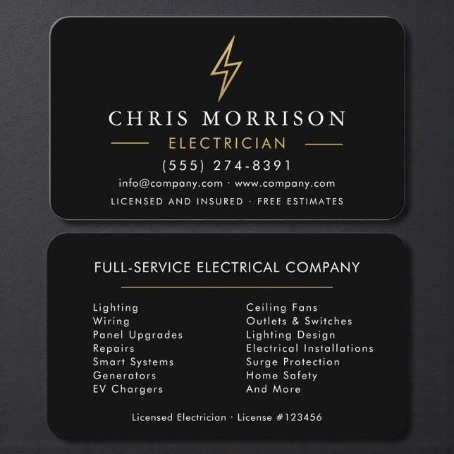 Carte De Visite Modern Black Gold Electrician Contractor (Créateur téléchargé)