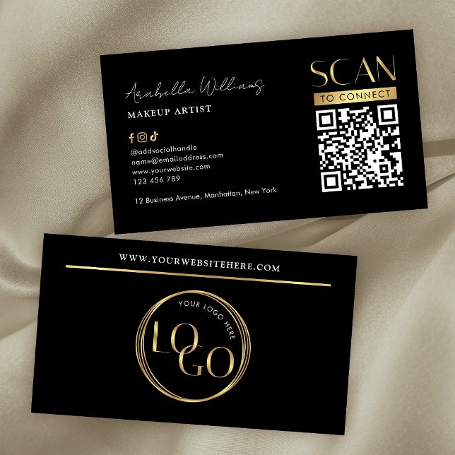 Carte De Visite Modern Black Gold Logo Makeup Beauty Salon QR Code (Black and gold modern QR code business cards with faux gold foil effects and modern layout)