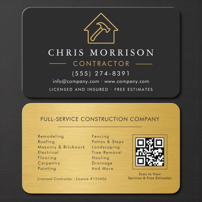 Carte De Visite Modern Black & Gold Metal Contractor QR Code (Créateur téléchargé)