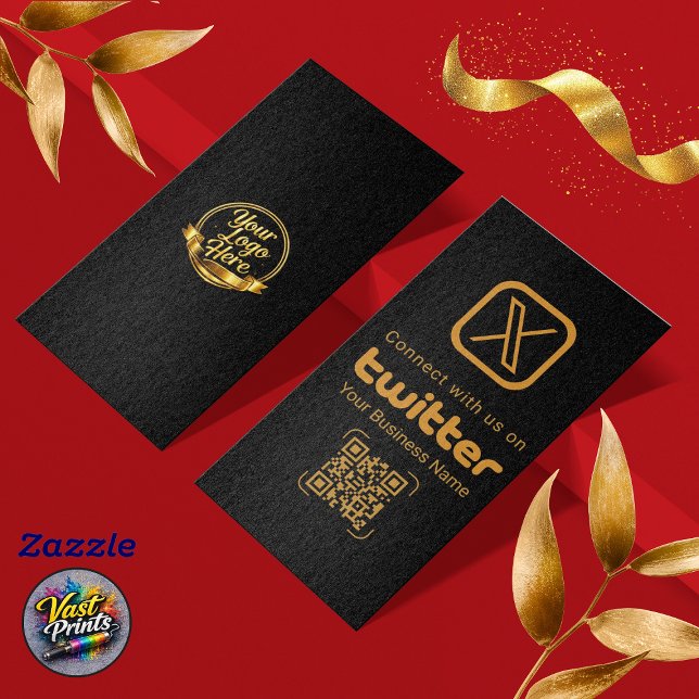 Carte De Visite Modern Black Gold X Logo Twitter QR Code (Modern Black Gold X Logo Twitter QR Code Business Card)