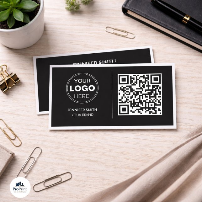 Carte De Visite Modern Black Minimalist QR Code Business Design (A stack of black and white business cards featuring a 'YOUR LOGO HERE' placeholder and a QR code. )