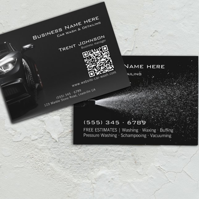 Carte De Visite Modern Black Pressure Wash Car Detailing QR (Créateur téléchargé)
