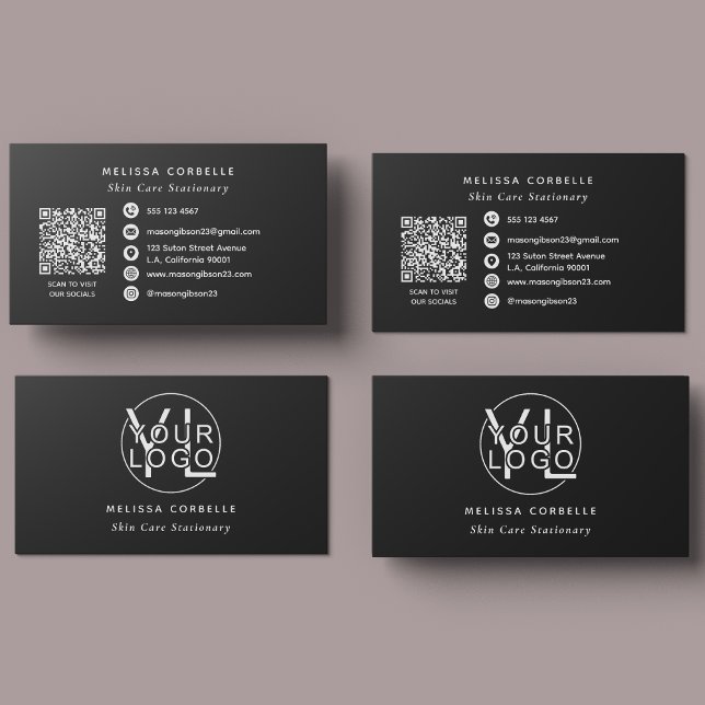 Carte De Visite Modern Black Social Media QR Code Business Logo (Créateur téléchargé)