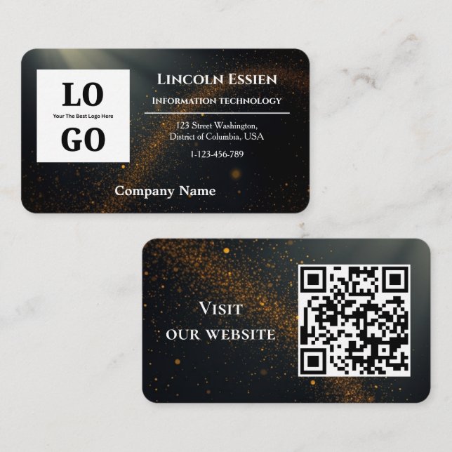 Carte De Visite Modern Black Star Custom Logo and QR Code  (Devant / Derrière)
