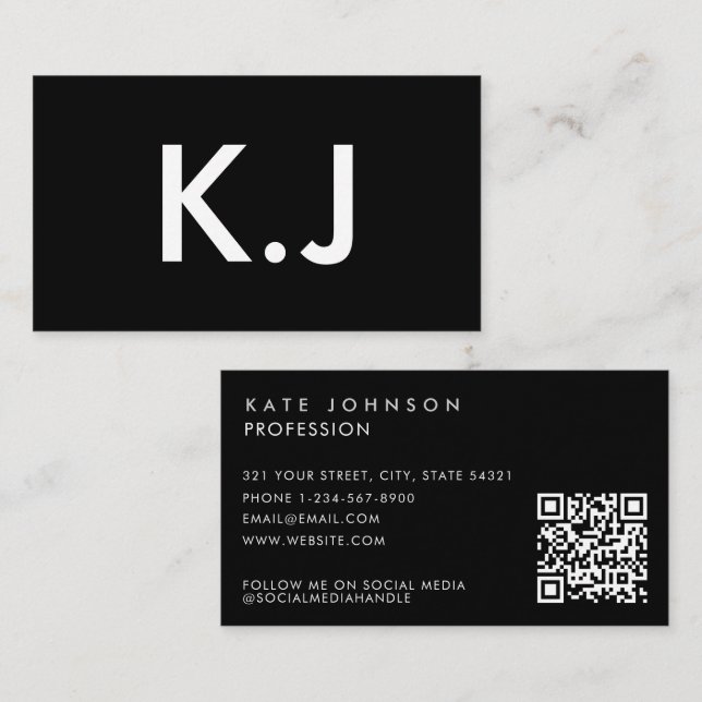 Carte De Visite Modern Black White Minimalist QR Code Monogram (Devant / Derrière)